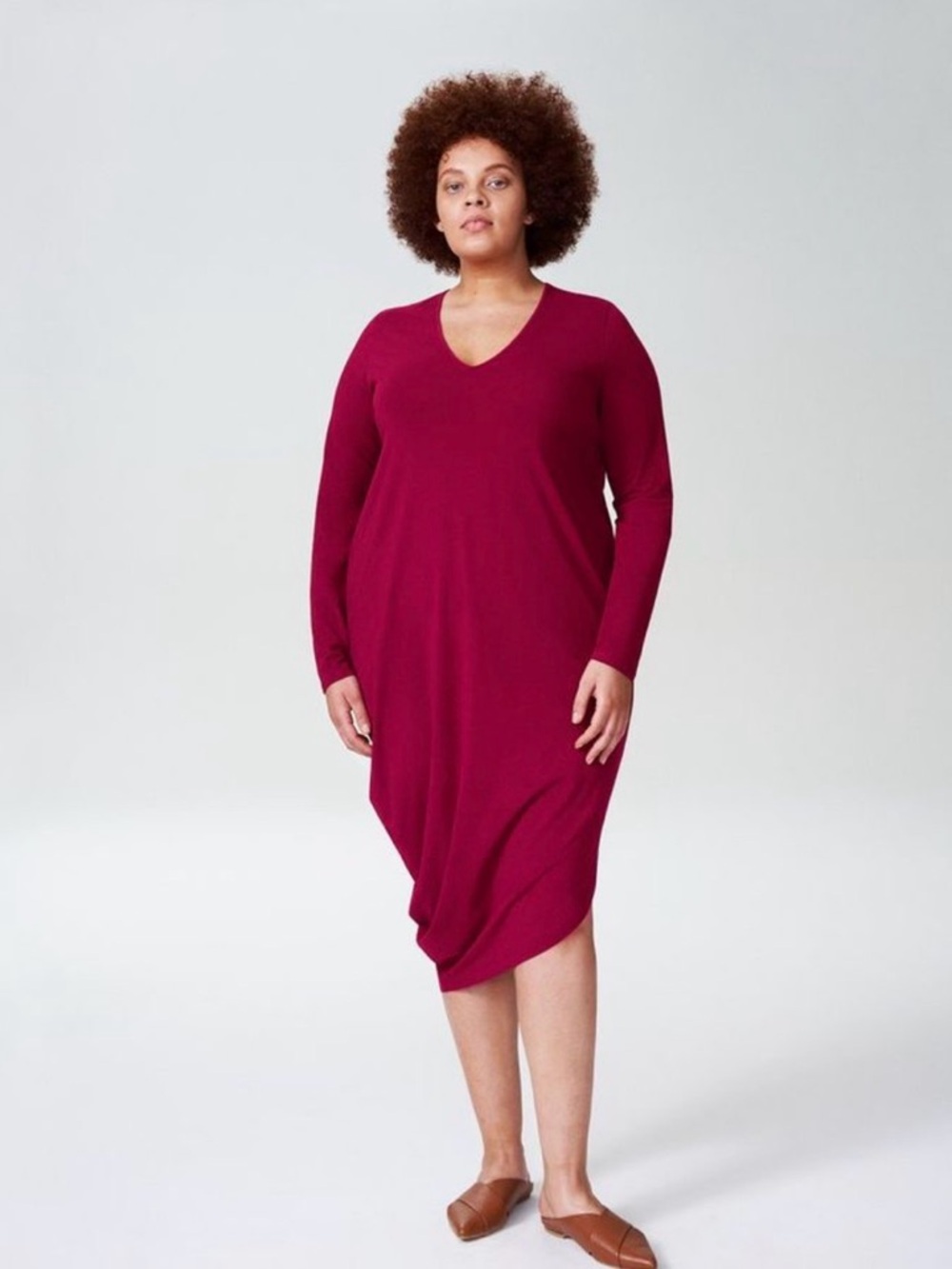 Universal Standard V-Neck Long Sleeve Dress in Berry